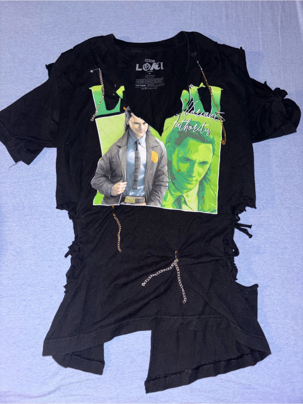 Custom Marvel Loki Distressed Black Graphic Tee with Neon Green Print